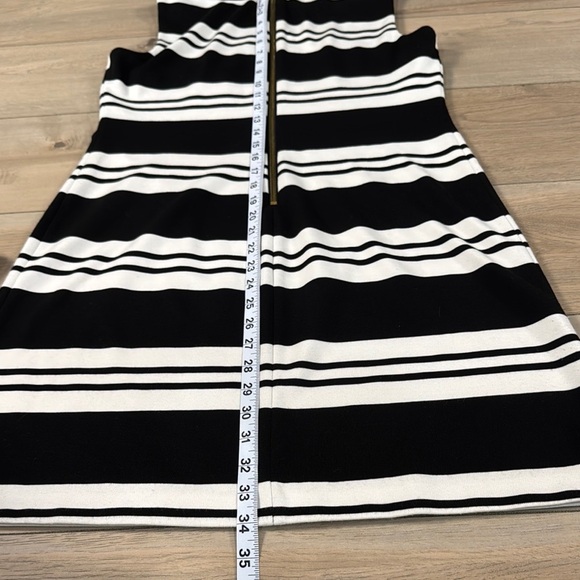 Calvin Klein Black and White Striped Sleeveless Sheath Dress with Gold Zipper - Picture 11 of 12